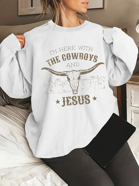 I'm Here With The Cowboys And Jesus Plus Size Funny Women's Christian Pullover Sweatshirt claimedbygoddesigns