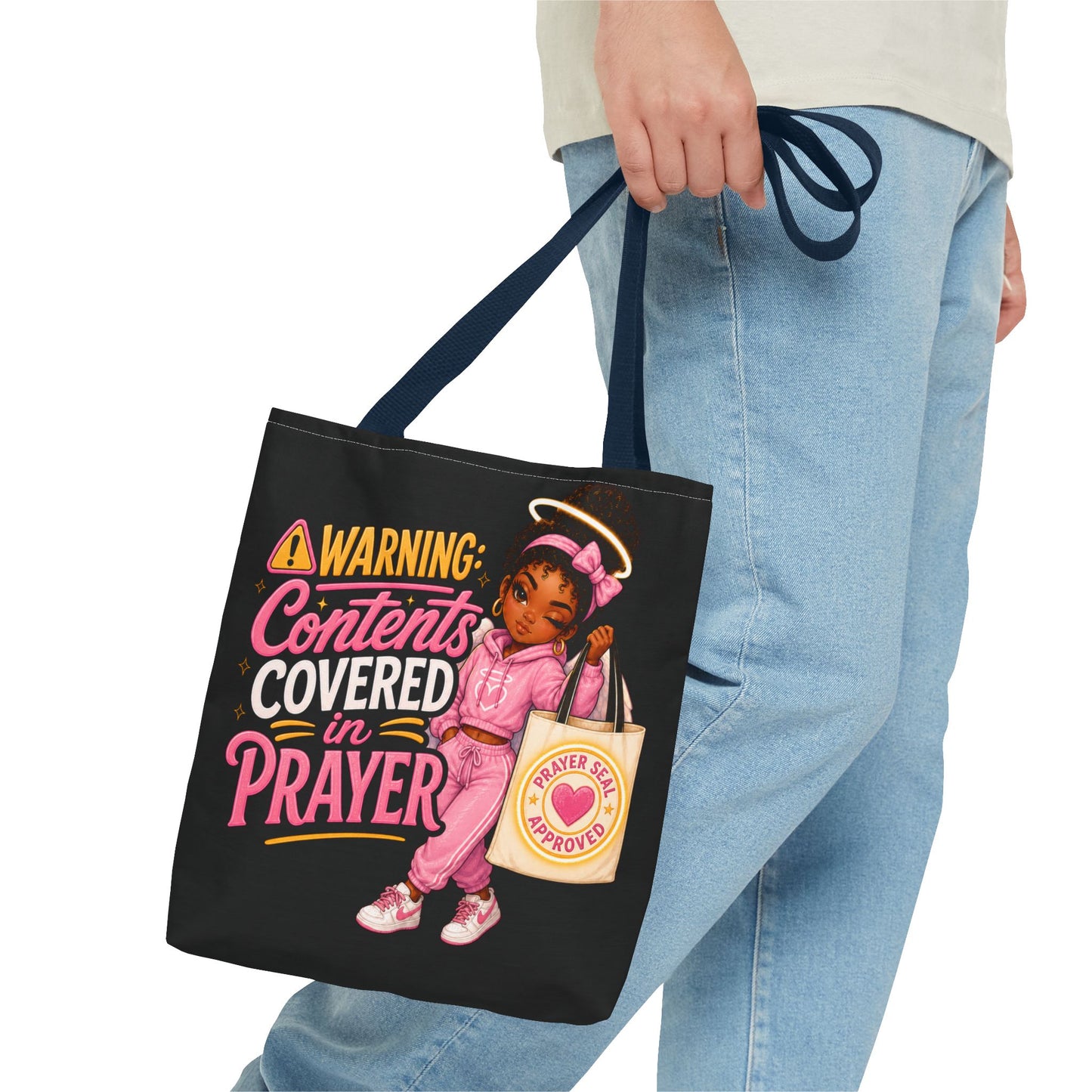 Tote Bag — "Warning: Contents Covered in Prayer" Pink Faith Tote - ClaimedbyGodDesigns