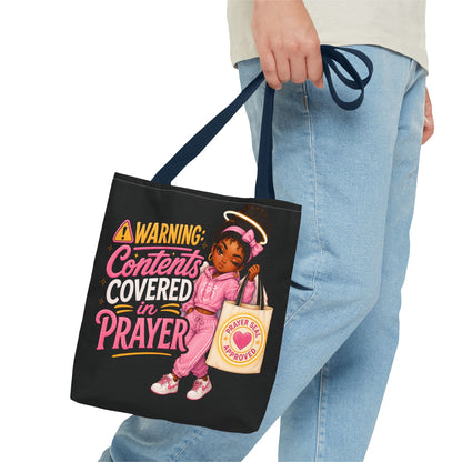 Tote Bag — "Warning: Contents Covered in Prayer" Pink Faith Tote - ClaimedbyGodDesigns