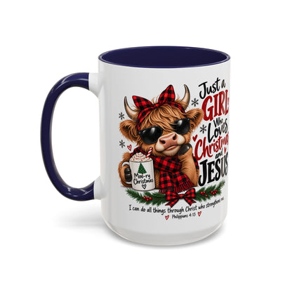 Just a Girl Who Loves Christmas and Jesus Highland Cow Coffee Mug