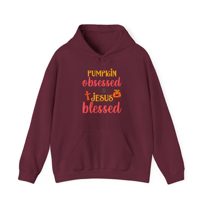 Pumpkin Obsessed And Blessed by Him Halloween Unisex Christian Pullover Hooded Sweatshirt