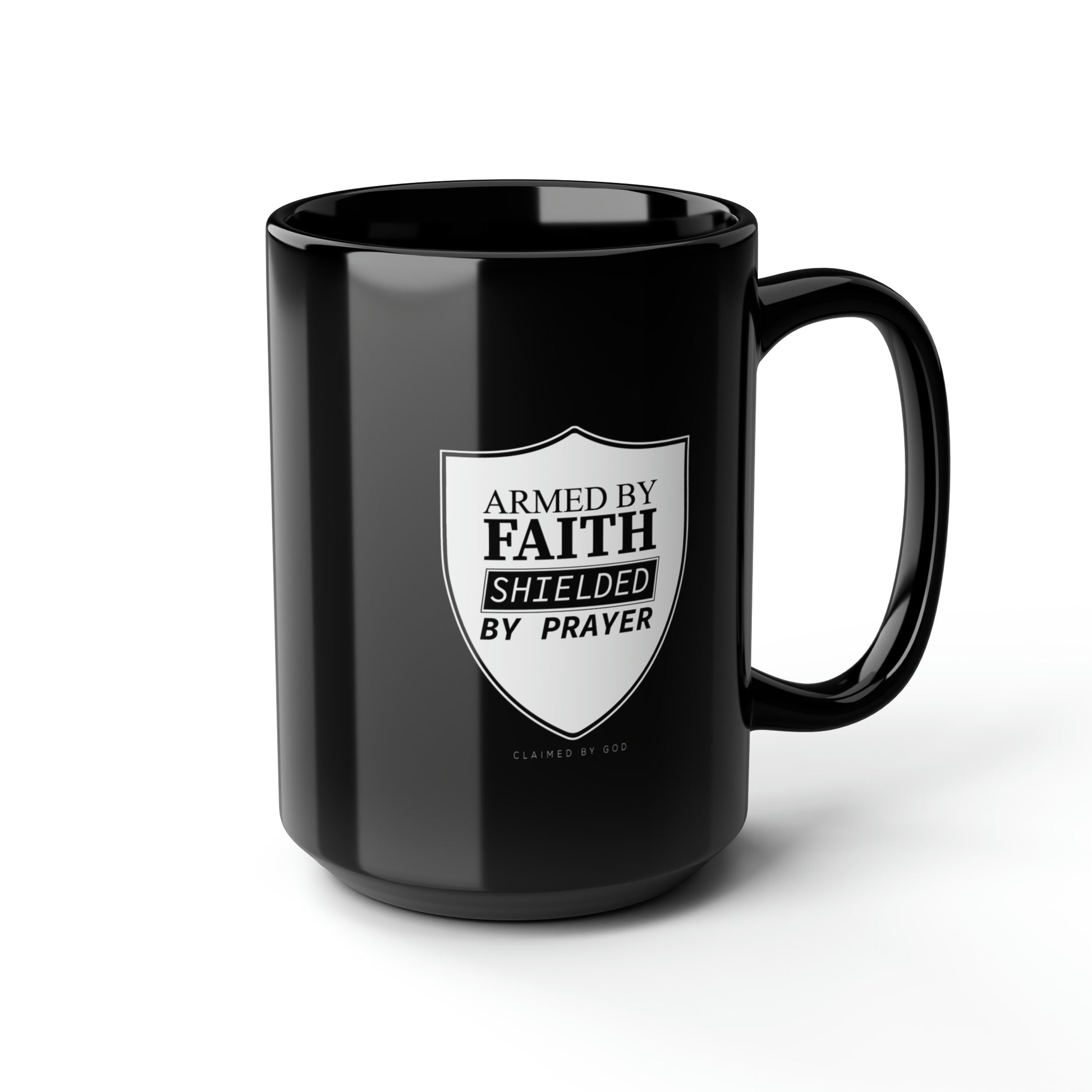 Armed By Faith Shielded By Prayer Christian Black Ceramic Mug, 15oz (double sided print) Printify