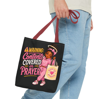 Tote Bag — "Warning: Contents Covered in Prayer" Pink Faith Tote - ClaimedbyGodDesigns