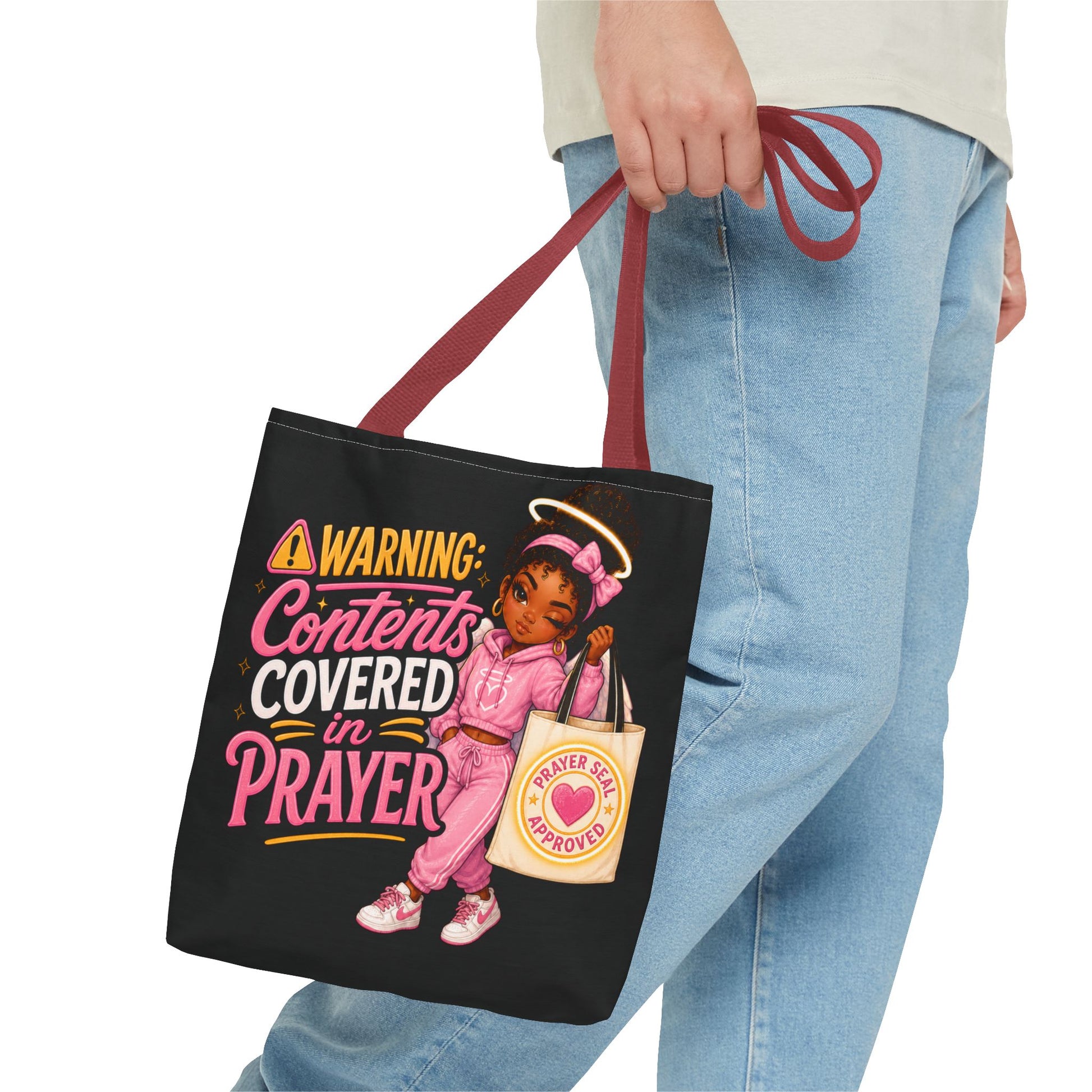 Tote Bag — "Warning: Contents Covered in Prayer" Pink Faith Tote - ClaimedbyGodDesigns