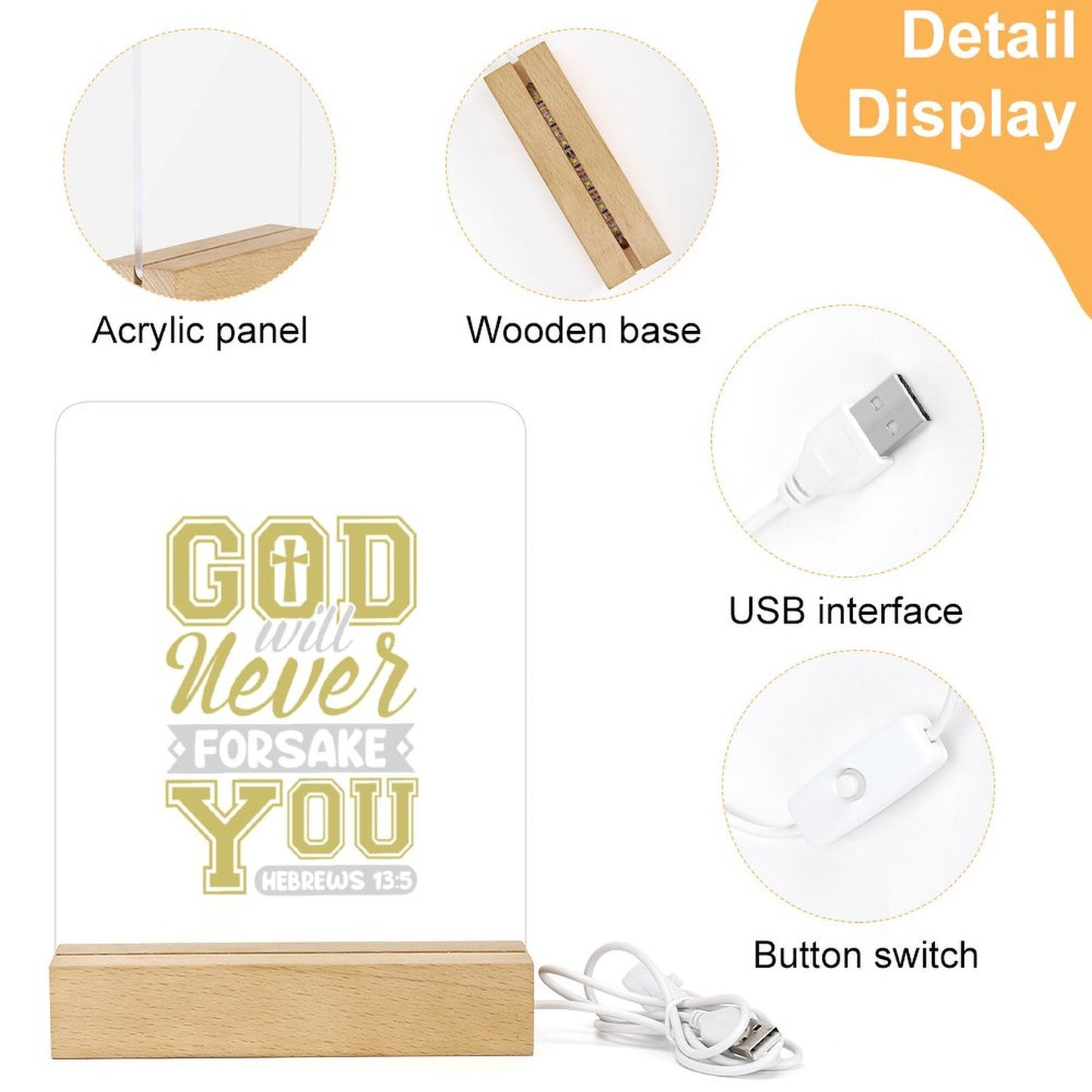 God Wil Never Forsake You Christian Acrylic Night Light with Wooden Base Christian Gift Idea