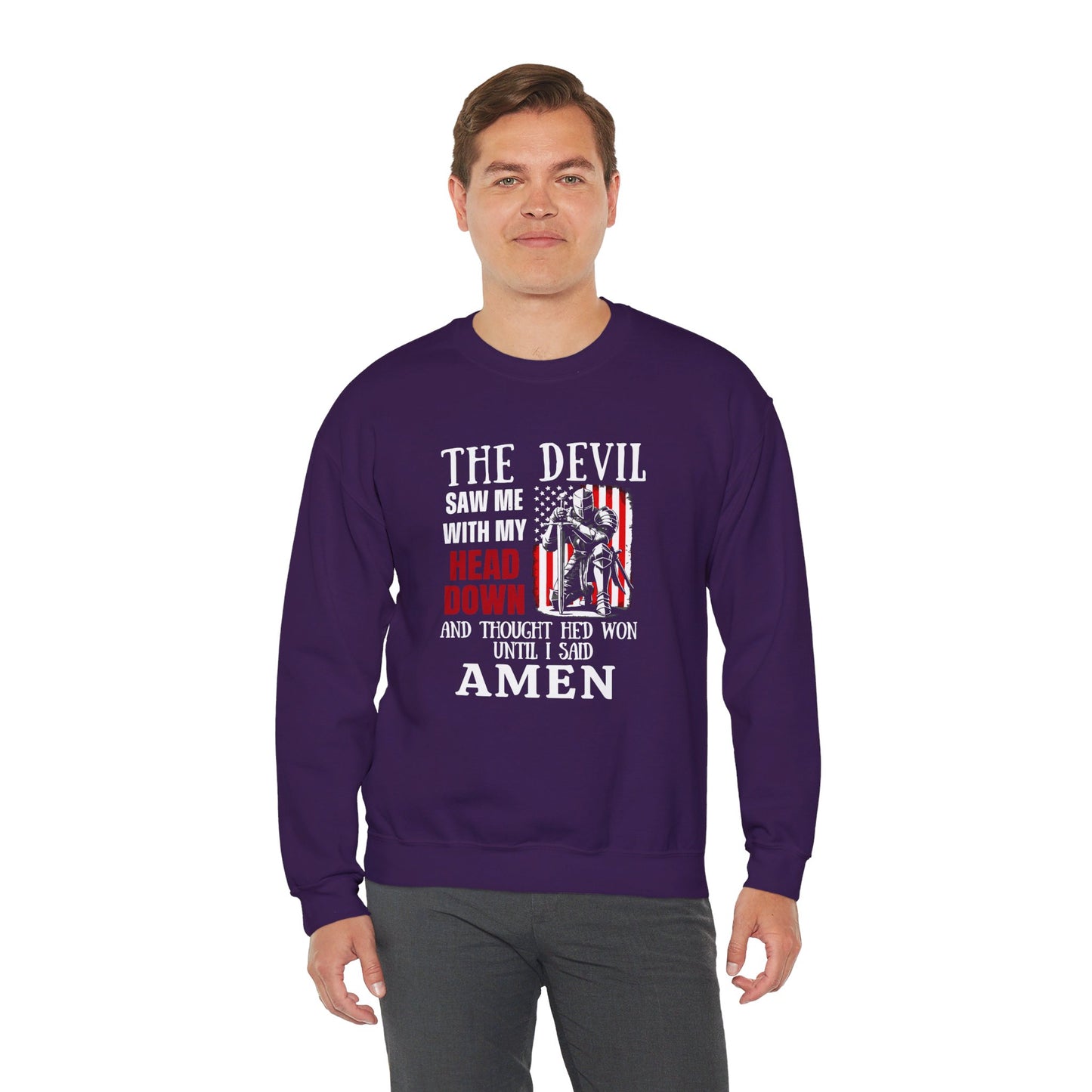 The Devil Saw Me With My Head Down And Thought He'd Won Until I Said Amen American Patriotic Flag Unisex Heavy Blend™ Crewneck Christian Sweatshirt