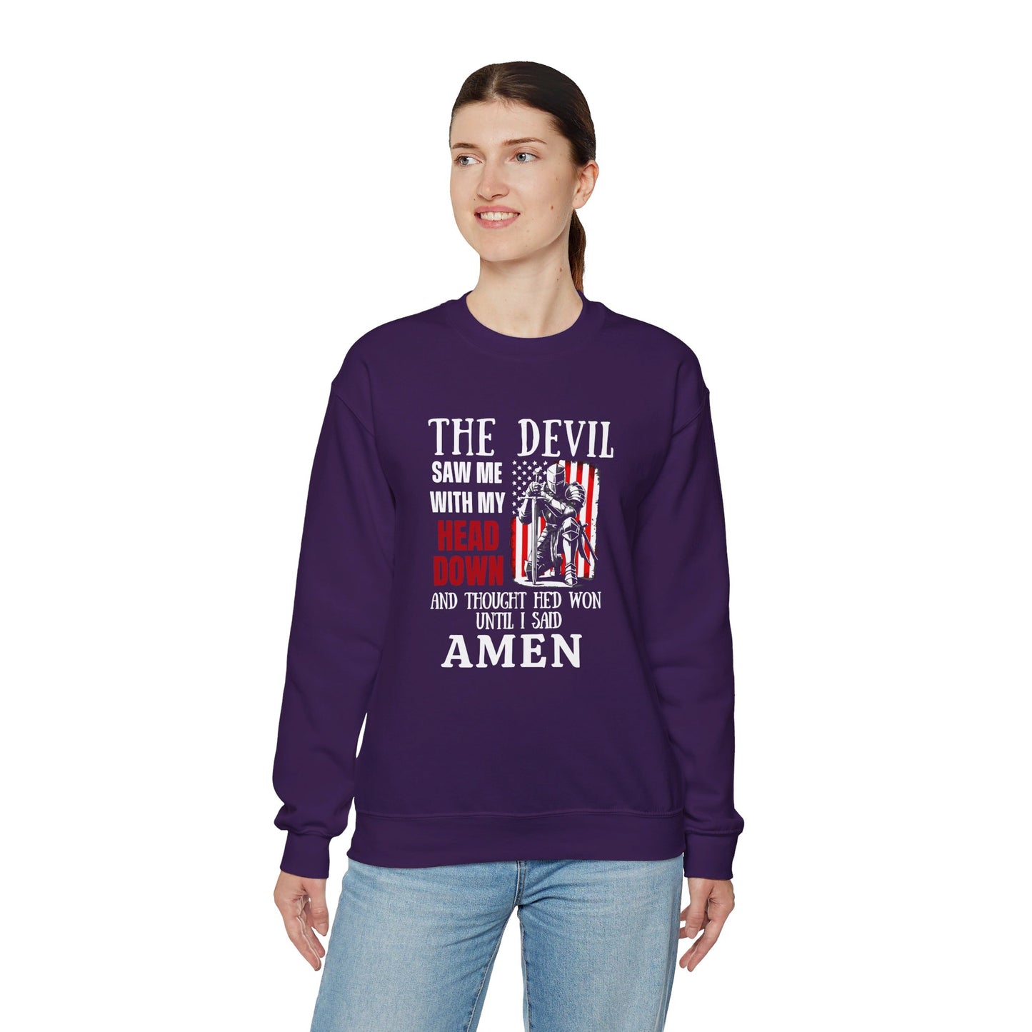 The Devil Saw Me With My Head Down And Thought He'd Won Until I Said Amen American Patriotic Flag Unisex Heavy Blend™ Crewneck Christian Sweatshirt