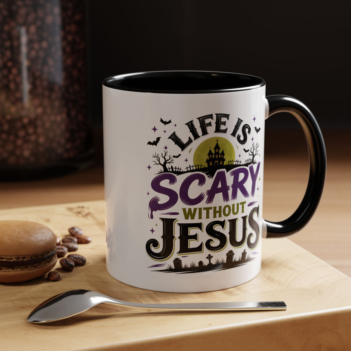 Coffee Mug — “Life Is Scary Without Jesus” Halloween Christian Accent Mug (11/15oz)