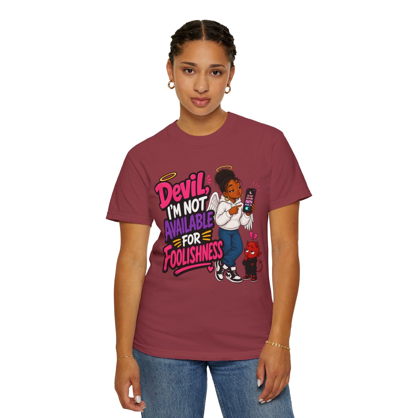 Devil, I’m Not Available for Foolishness T-Shirt — Sassy Black Girl Graphic Tee - ClaimedbyGodDesigns