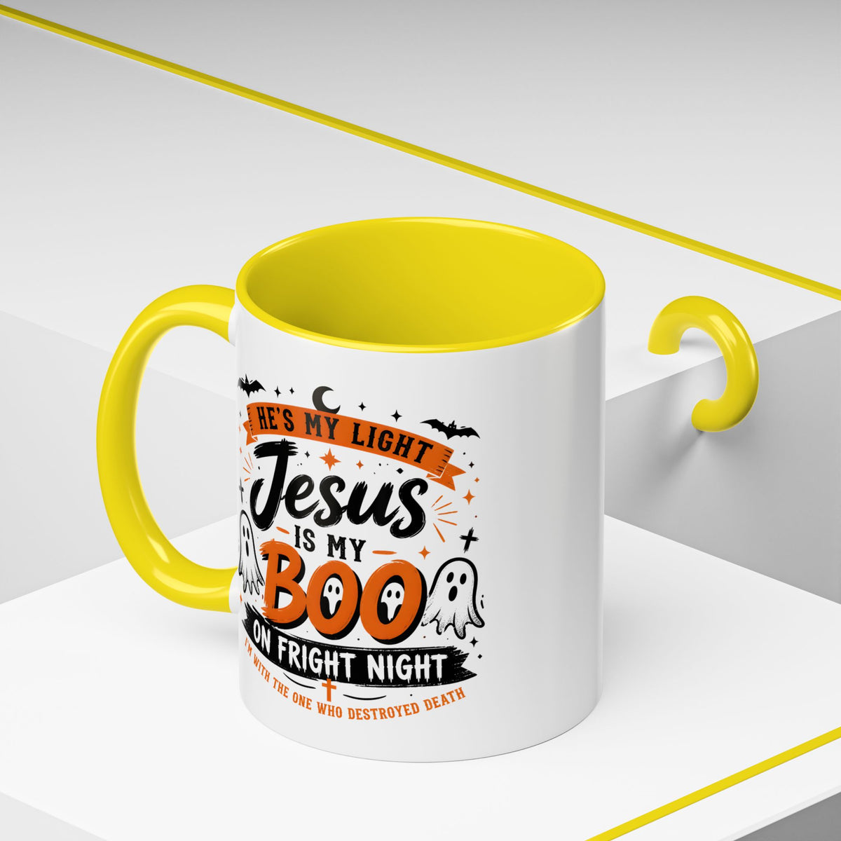 Christian Coffee Mug — "He's My Light, Jesus Is My Boo" Halloween Accent Mug