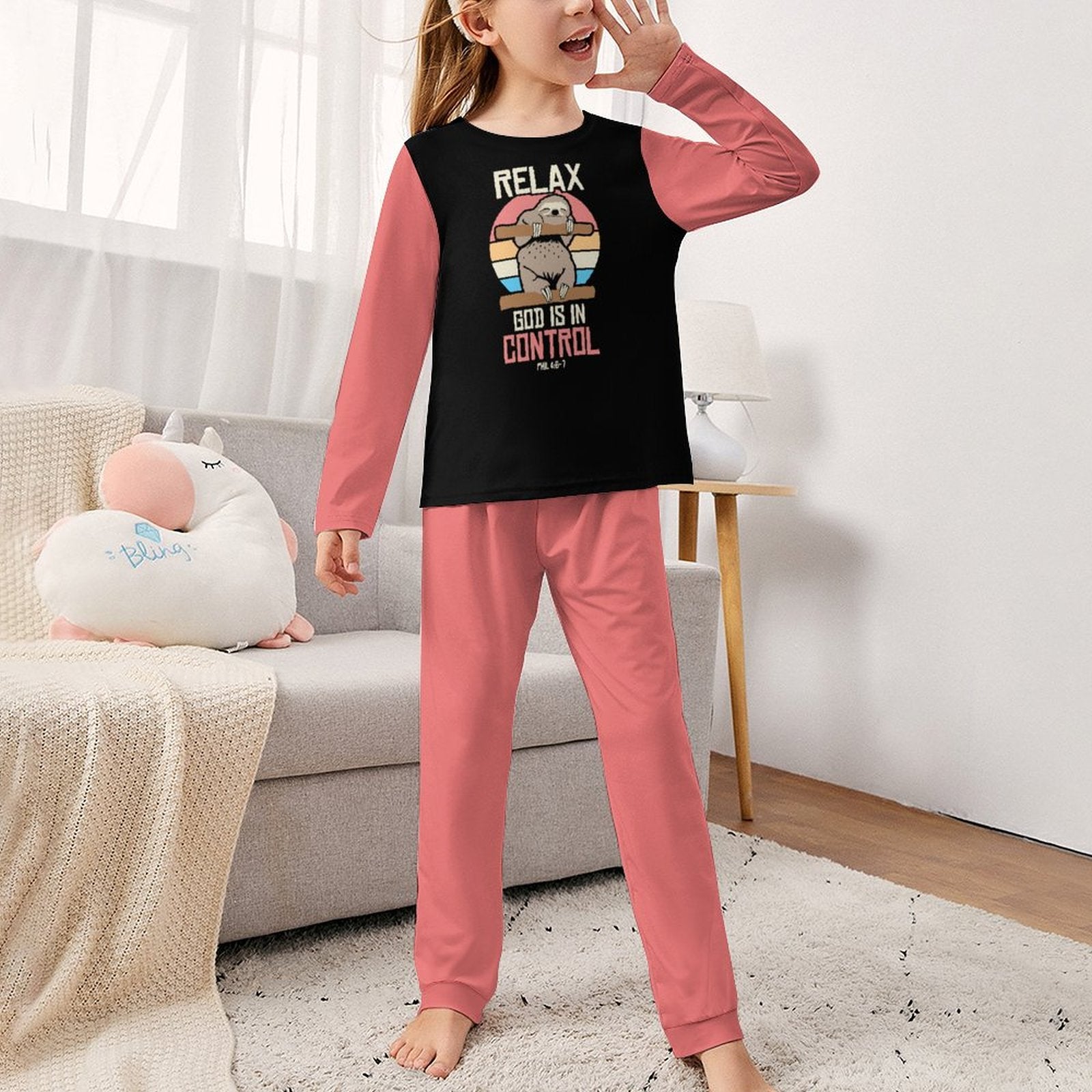 Relax God Is In Control Youth Toddler Christian  Long Sleeve Girls Pajama Set SALE-Personal Design