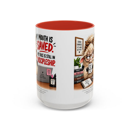 Saved & Sassy Sheep Coffee Mug — "My Mouth Is Saved, My Face Is Still In Discipleship" Accent Mug