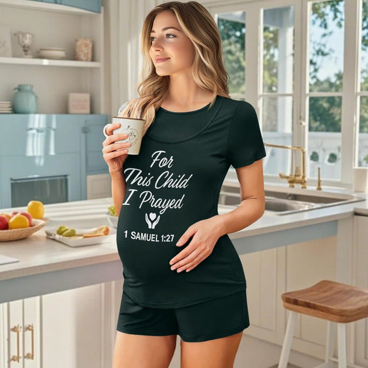 For This Child I Prayed Christian Maternity Short Sleeve Pajama Set - ClaimedbyGodDesigns