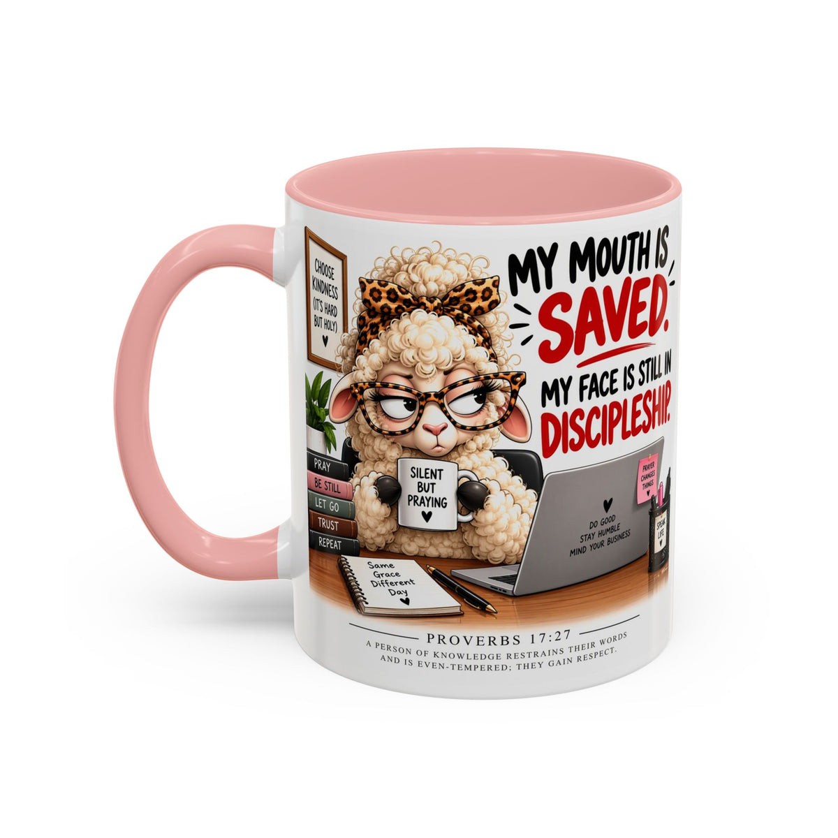 Saved & Sassy Sheep Coffee Mug — "My Mouth Is Saved, My Face Is Still In Discipleship" Accent Mug
