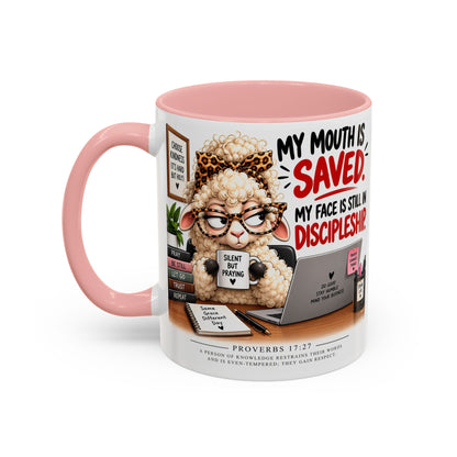 Saved & Sassy Sheep Coffee Mug — "My Mouth Is Saved, My Face Is Still In Discipleship" Accent Mug