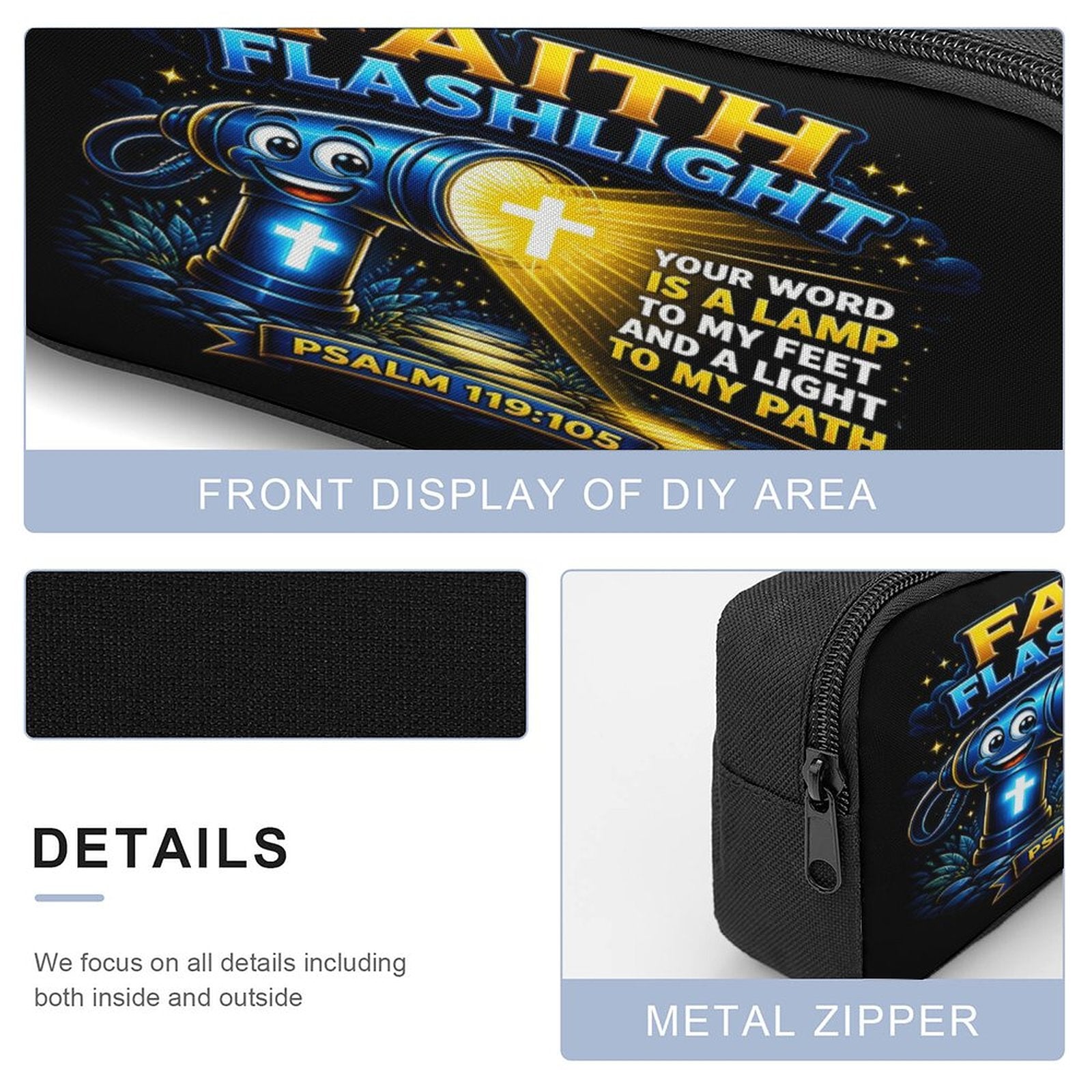 Faith Flashlight Christian 3 PCS Bag Set (Backpack, Lunch Bag and Pencil Case) - ClaimedbyGodDesigns