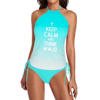 Keep Calm and Think WWJD Women's Christian Halter High Neck 2 - Piece Swimsuit Set - ClaimedbyGodDesigns