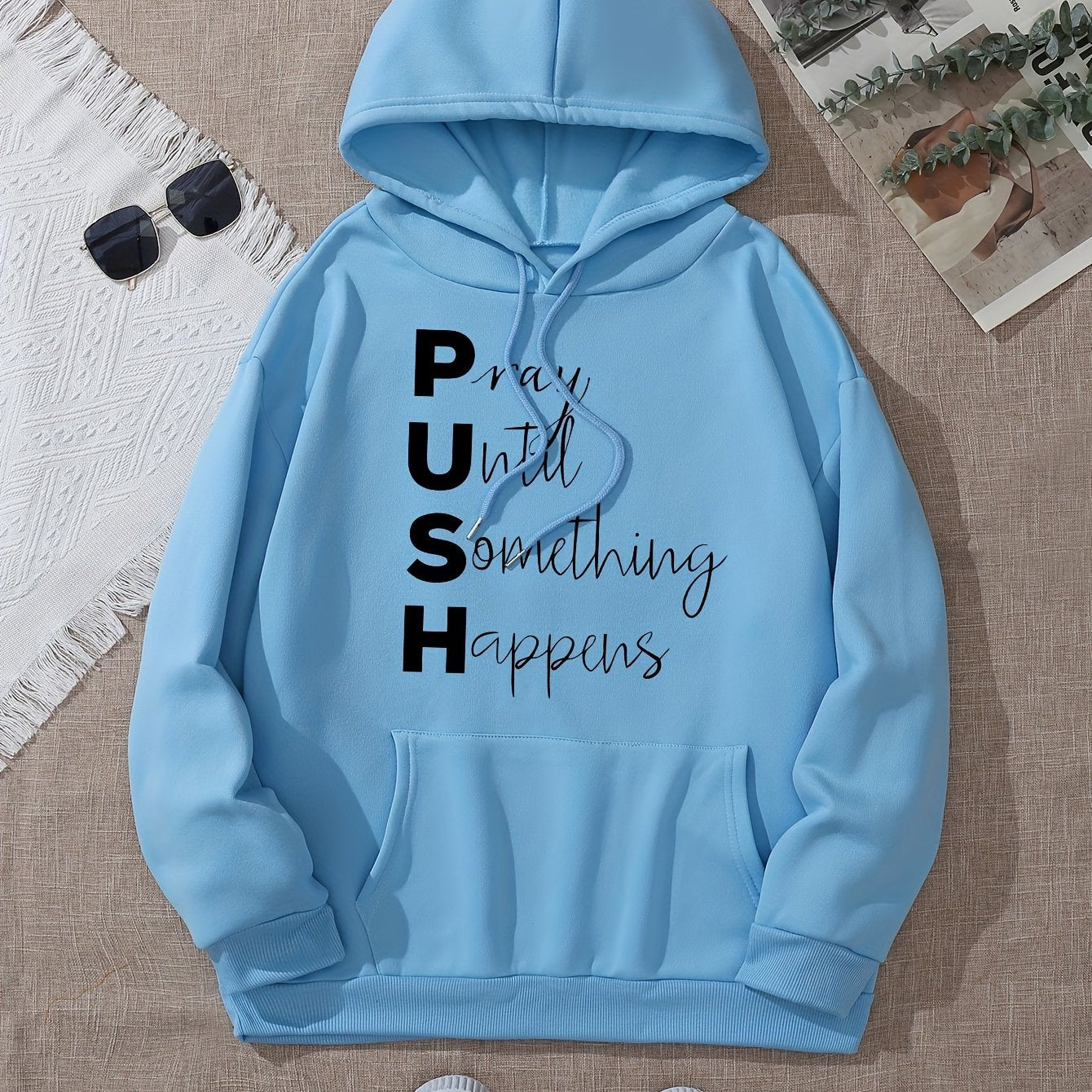 PUSH: Pray Until Something Happens Women's Christian Pullover Hooded Sweatshirt claimedbygoddesigns