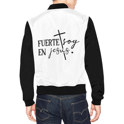 Fuerte Soy en Jesús – Chaqueta Bomber Cristiana para Hombre  Estilo, Fe y Comodidad (Spanish Men's Jacket)