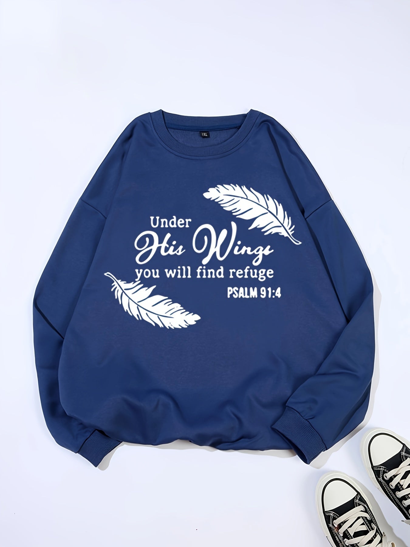 Psalm 91:4 Under His Wings You Will Find Refuge Plus Size Women's Christian Pullover Sweatshirt claimedbygoddesigns