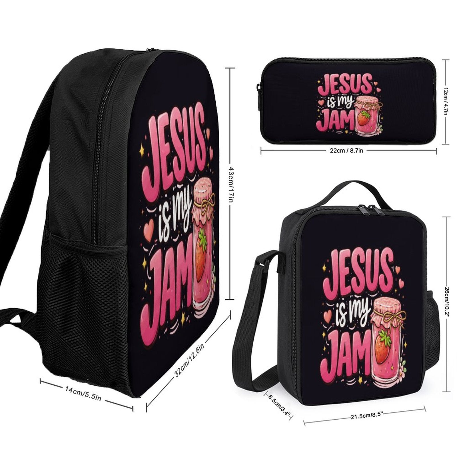 Jesus Is My Jam Christian 3 PCS Bag Set (Backpack, Lunch Bag and Pencil Case) - ClaimedbyGodDesigns