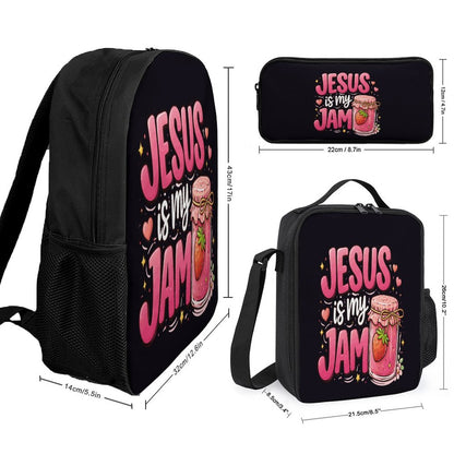 Jesus Is My Jam Christian 3 PCS Bag Set (Backpack, Lunch Bag and Pencil Case) - ClaimedbyGodDesigns