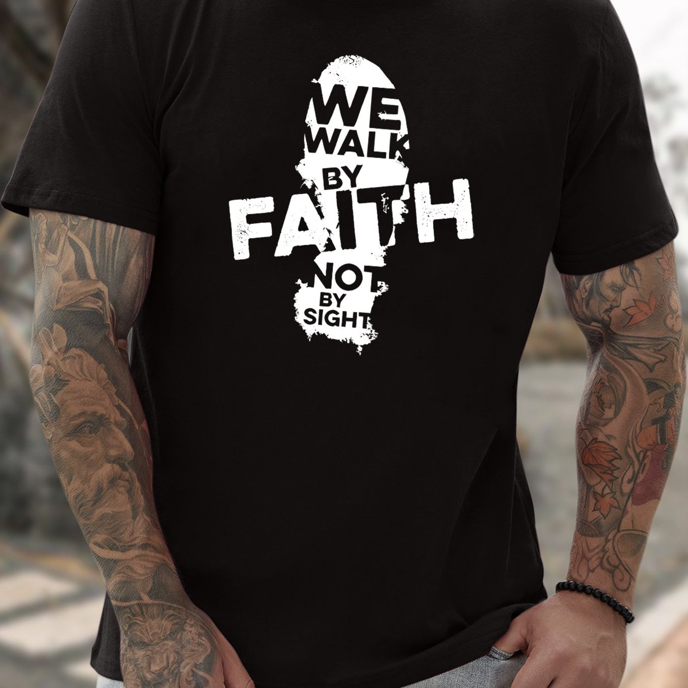 Walk By Faith (footprint 2) Men's Christian T-shirt claimedbygoddesigns