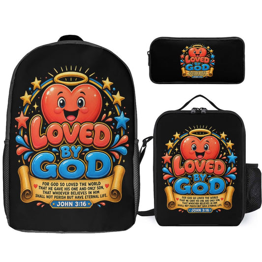 Loved By God Christian 3 PCS Bag Set (Backpack, Lunch Bag and Pencil Case) - ClaimedbyGodDesigns