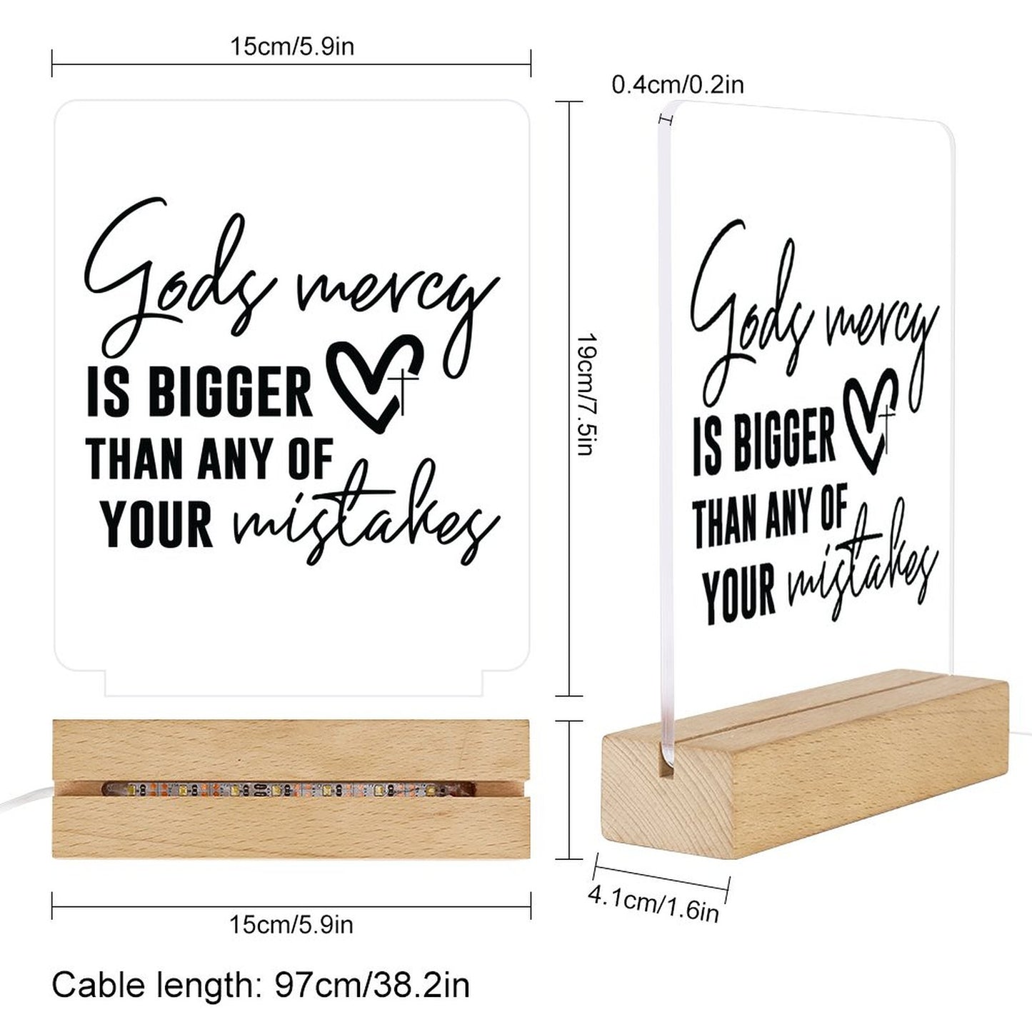 God's Mercy Is Bigger Than Any Of Your Mistakes Christian Acrylic Night Light with Wooden Base Christian Gift Idea