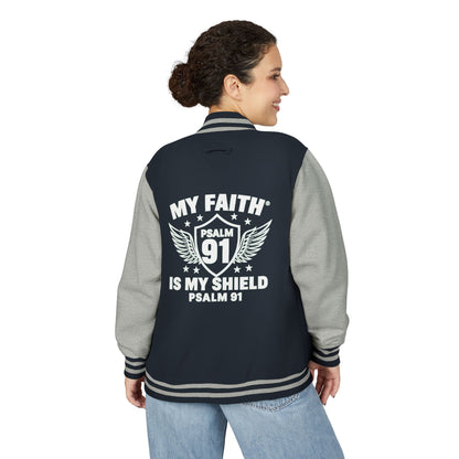Letterman Jacket — “My Faith Is My Shield” 91 Vintage Varsity Jacket - ClaimedbyGodDesigns