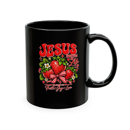Ceramic Mug — "Jesus Sweetens My Life" Strawberry Faith Coffee Cup