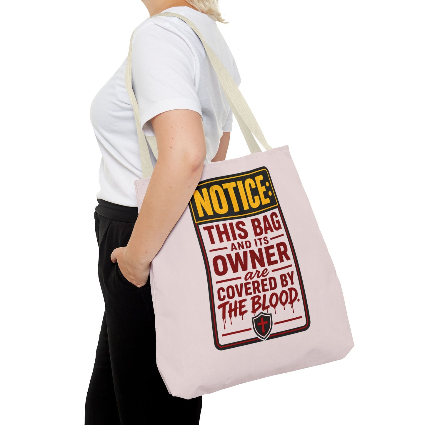 Tote Bag — "NOTICE: This Bag and Its Owner Are Covered by the Blood" Christian Faith Tote - ClaimedbyGodDesigns