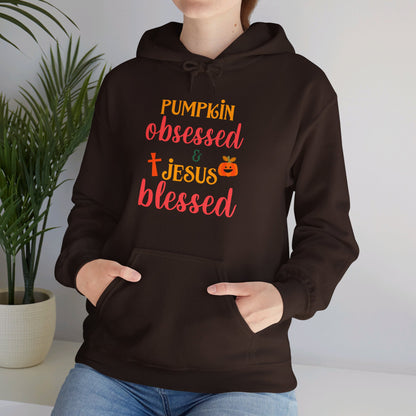 Pumpkin Obsessed And Blessed by Him Halloween Unisex Christian Pullover Hooded Sweatshirt