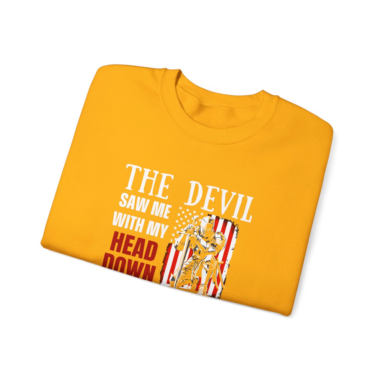 The Devil Saw Me With My Head Down And Thought He'd Won Until I Said Amen American Patriotic Flag Unisex Heavy Blend™ Crewneck Christian Sweatshirt