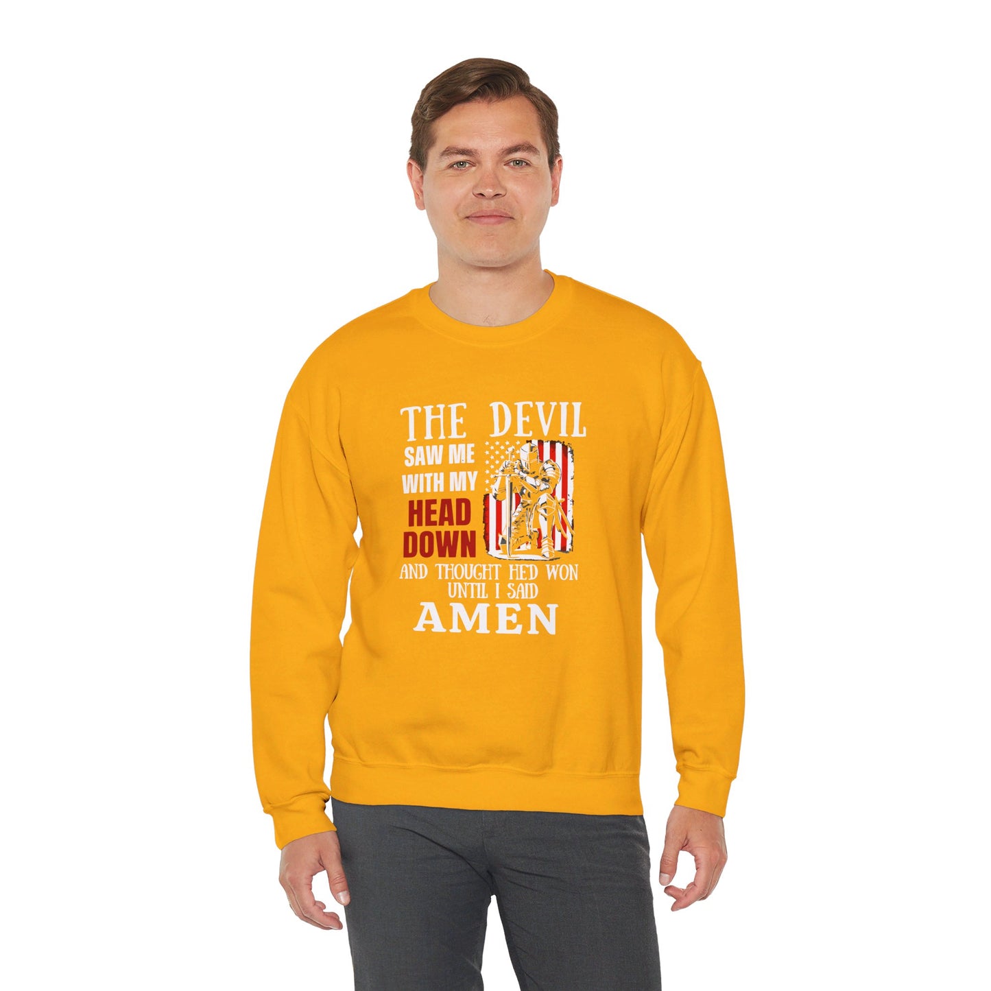 The Devil Saw Me With My Head Down And Thought He'd Won Until I Said Amen American Patriotic Flag Unisex Heavy Blend™ Crewneck Christian Sweatshirt