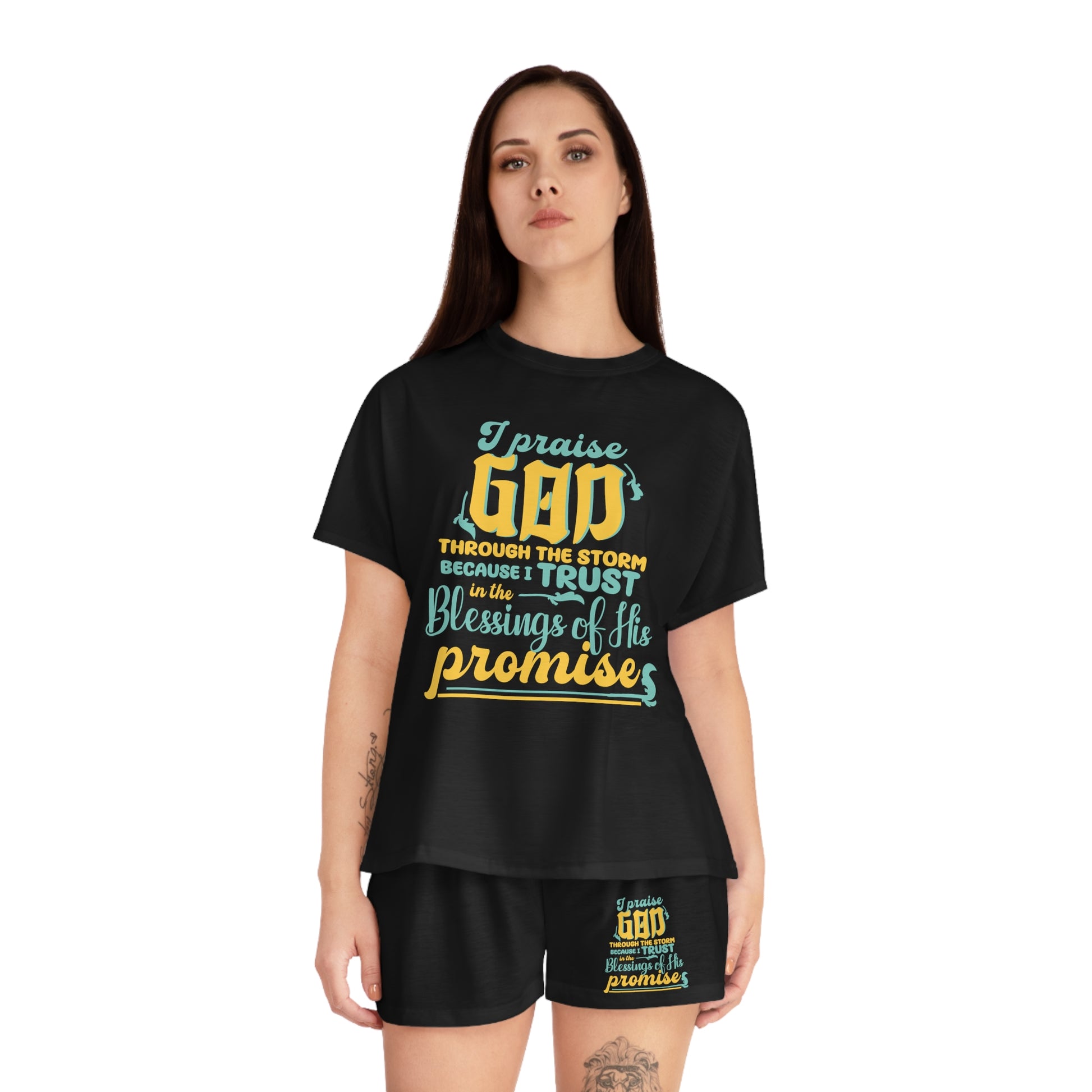 I Praise God Through The Storm Because I Trust In The Blessings Of His PromisesWomen's Christian Short Pajama Set Printify