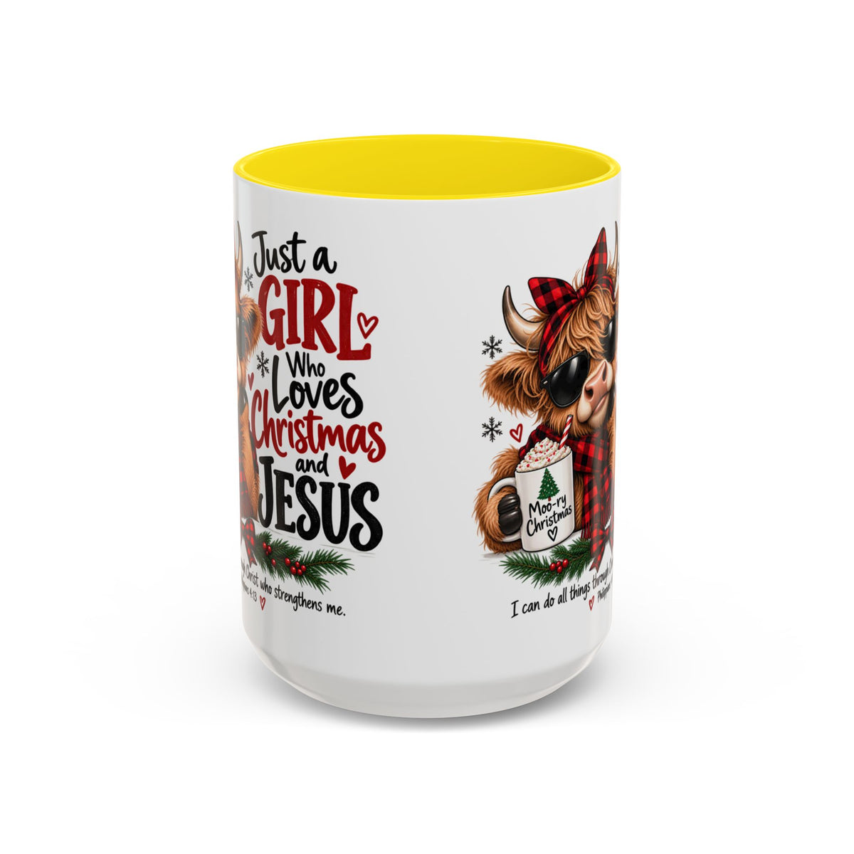 Just a Girl Who Loves Christmas and Jesus Highland Cow Coffee Mug