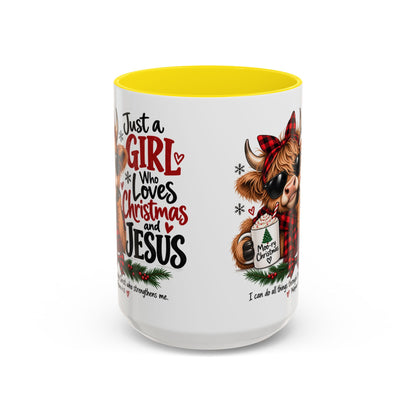 Just a Girl Who Loves Christmas and Jesus Highland Cow Coffee Mug