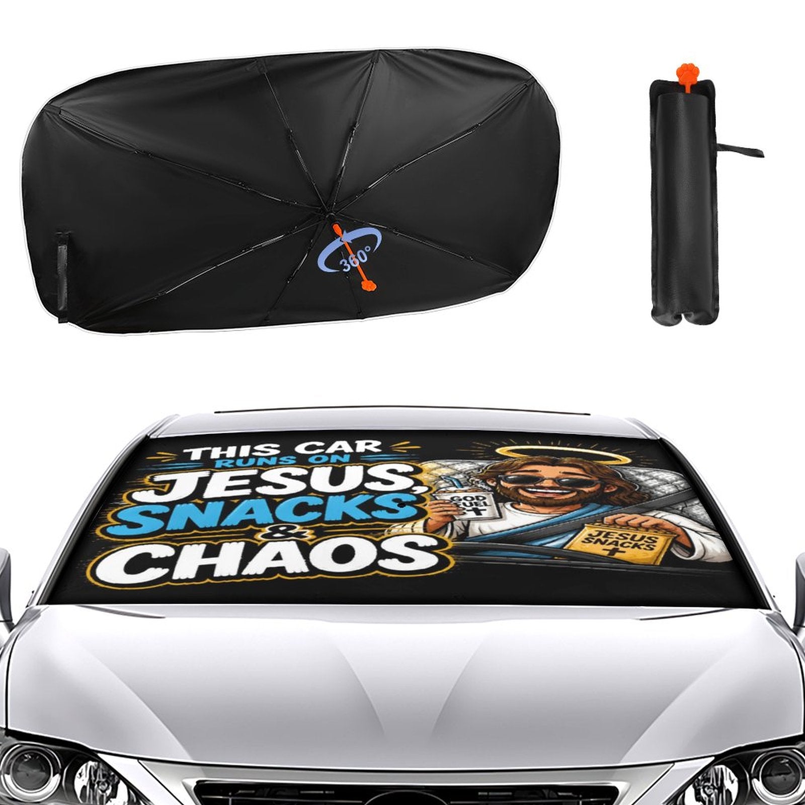 This Car Runs on Jesus, Snacks & Chaos Christian Car Sunshade Umbrella - ClaimedbyGodDesigns