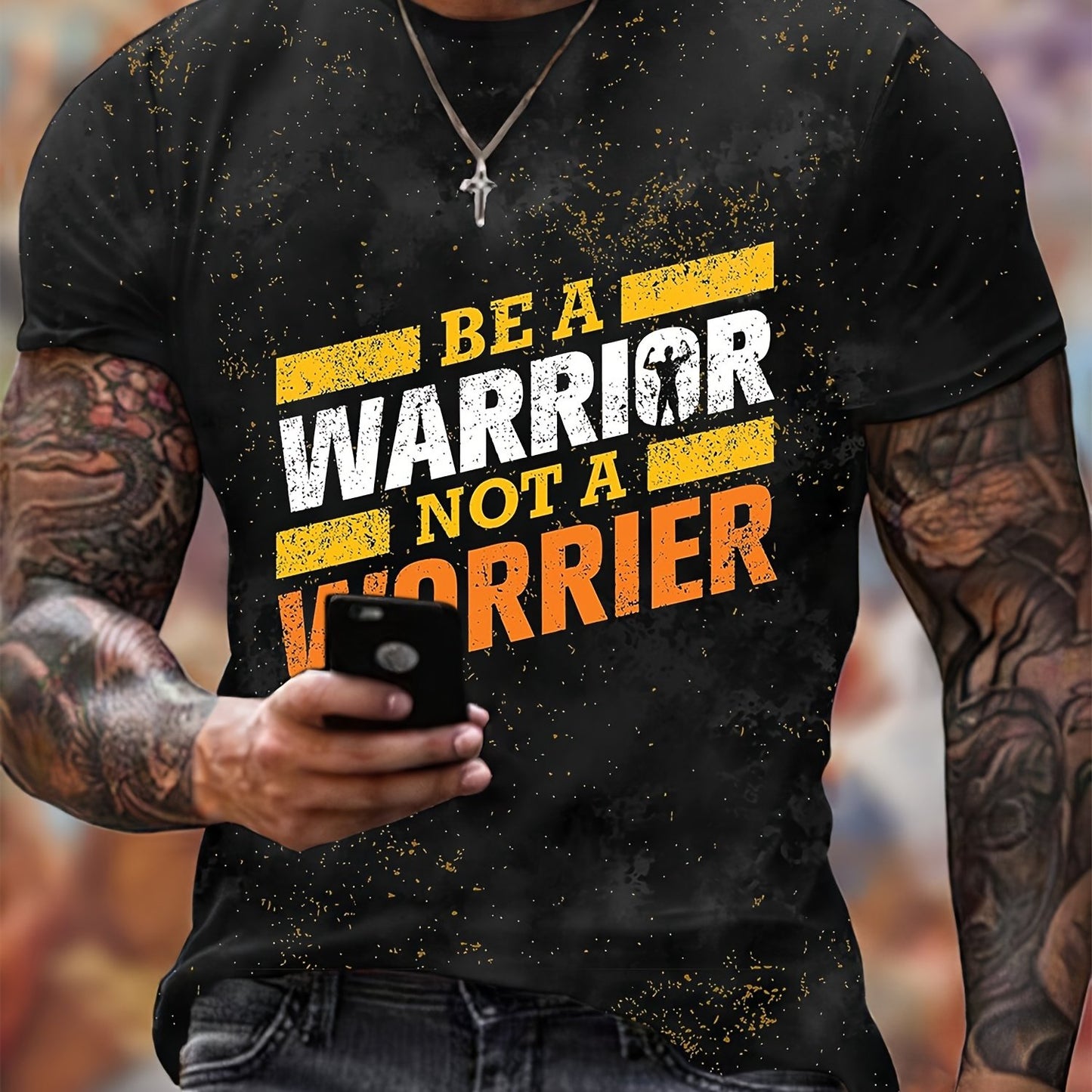 Men's Be A Warrior Not A Worrier Print T-shirt, Casual Short Sleeve Crew Neck Tee, Men's Clothing For Outdoor claimedbygoddesigns