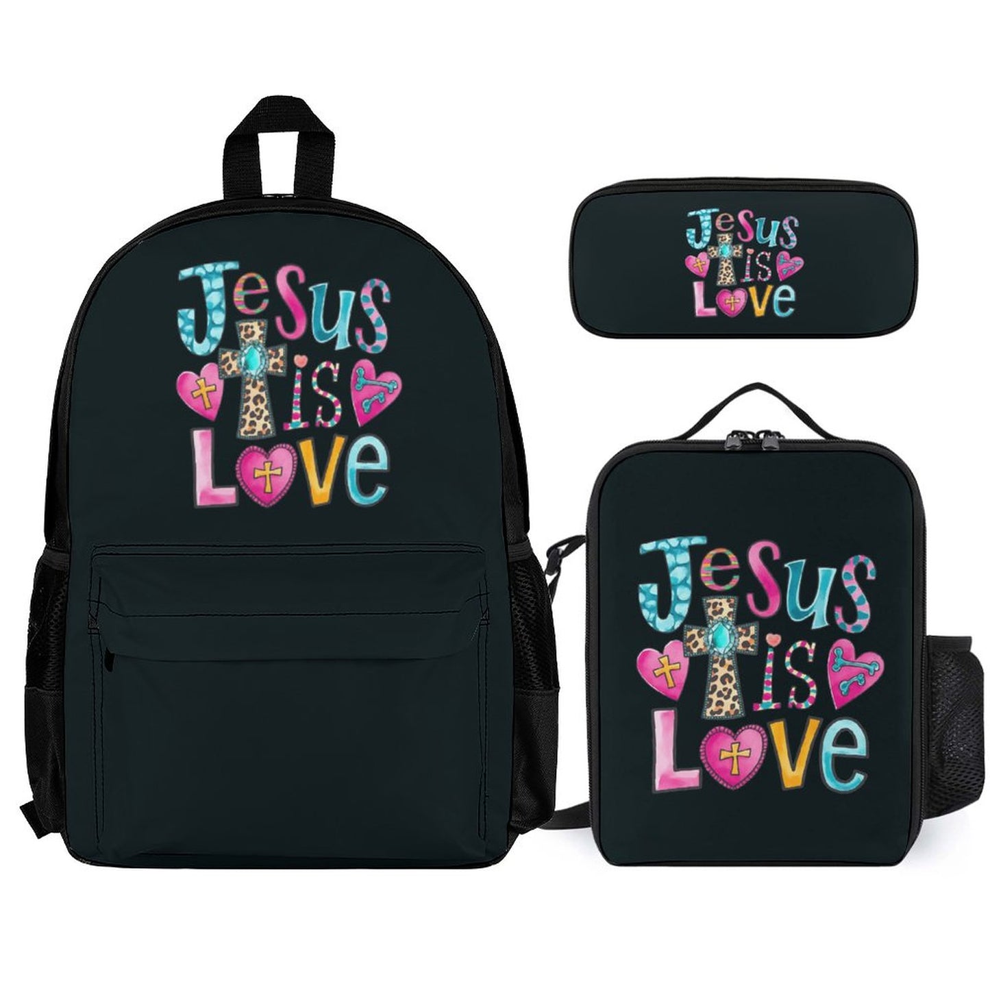 He Is Love Christian Backpack Set of 3 Bags (Shoulder Bag Lunch Bag & Pencil Pouch)