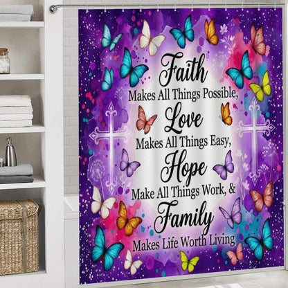 Faith Love Hope Family Christian Shower Curtain Set with a bath rug, a contour rug and a toilet lid - ClaimedbyGodDesigns