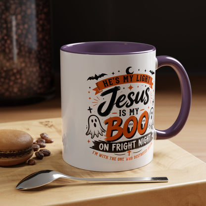 Christian Coffee Mug — "He's My Light, Jesus Is My Boo" Halloween Accent Mug