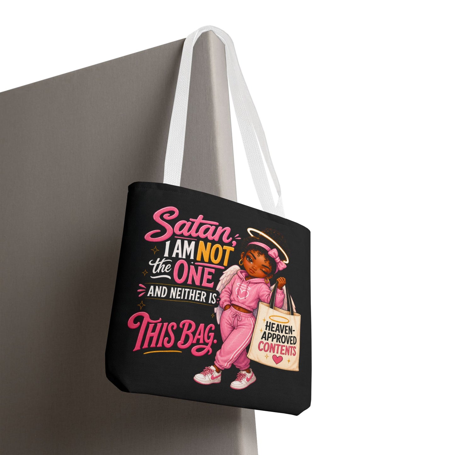 Tote Bag — "Satan I Am Not The One" Retro Angel Girl Tote (Heaven Approved Content) - ClaimedbyGodDesigns