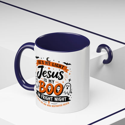 Christian Coffee Mug — "He's My Light, Jesus Is My Boo" Halloween Accent Mug
