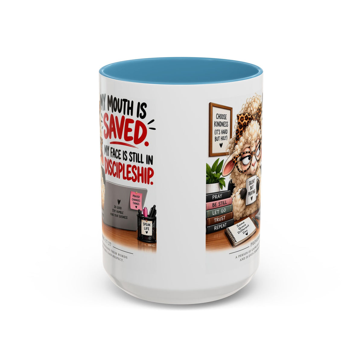 Saved & Sassy Sheep Coffee Mug — "My Mouth Is Saved, My Face Is Still In Discipleship" Accent Mug
