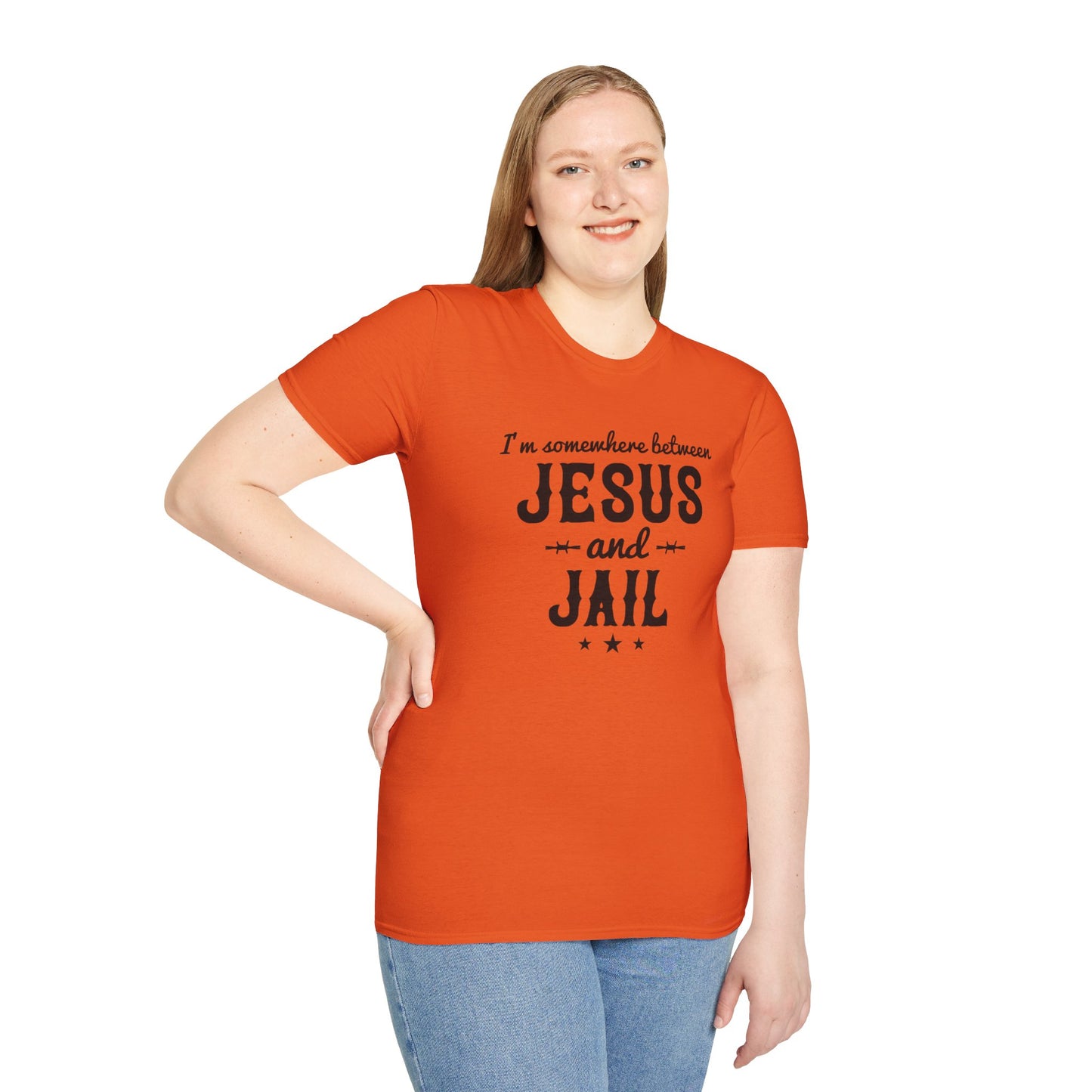 I'm Somewhere Between Jesus And Jail Funny Unisex Christian T-shirt