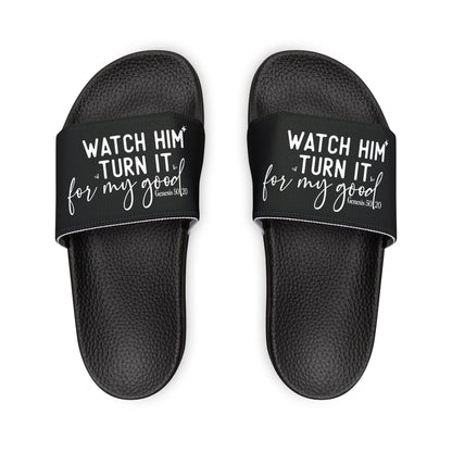 Trendy Youth Slide Sandals - "Watch Him Turn It for My Good" - Summer Footwear, Vacation Ready, Beachwear, Gift for Kids