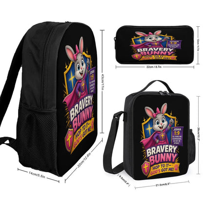 Bravery Bunny Christian 3 PCS Bag Set (Backpack, Lunch Bag and Pencil Case) - ClaimedbyGodDesigns