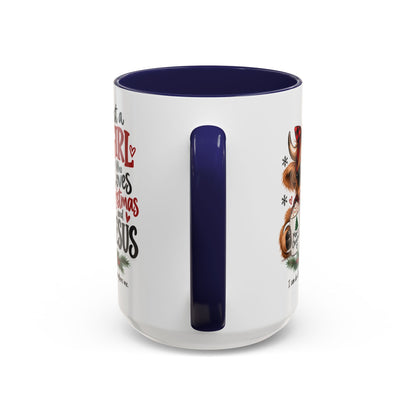 Just a Girl Who Loves Christmas and Jesus Highland Cow Coffee Mug